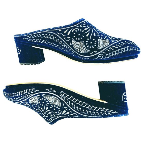 atelier friquia Shoes - Vintage Blue Velvet Mules Atelier Friquia Moroccan Embroidered Heels 8 – 8.5